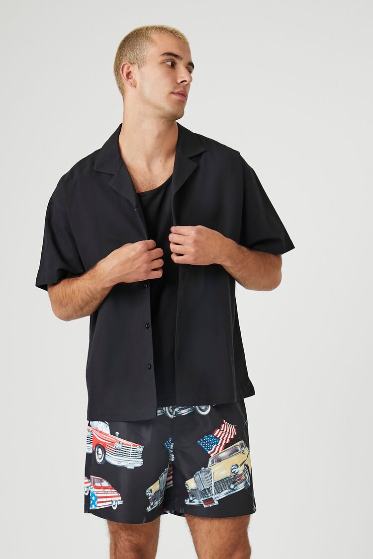 Forever 21 Men's American Car Print Swim Trunks Black/Multi
