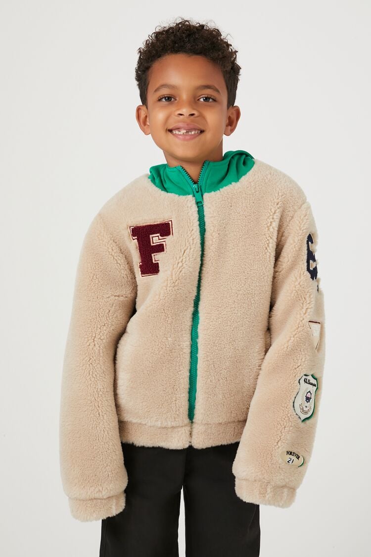 Forever 21 Kids Faux Fur Patch Hoodie Sweatshirt (Girls + Boys) Taupe/Multi