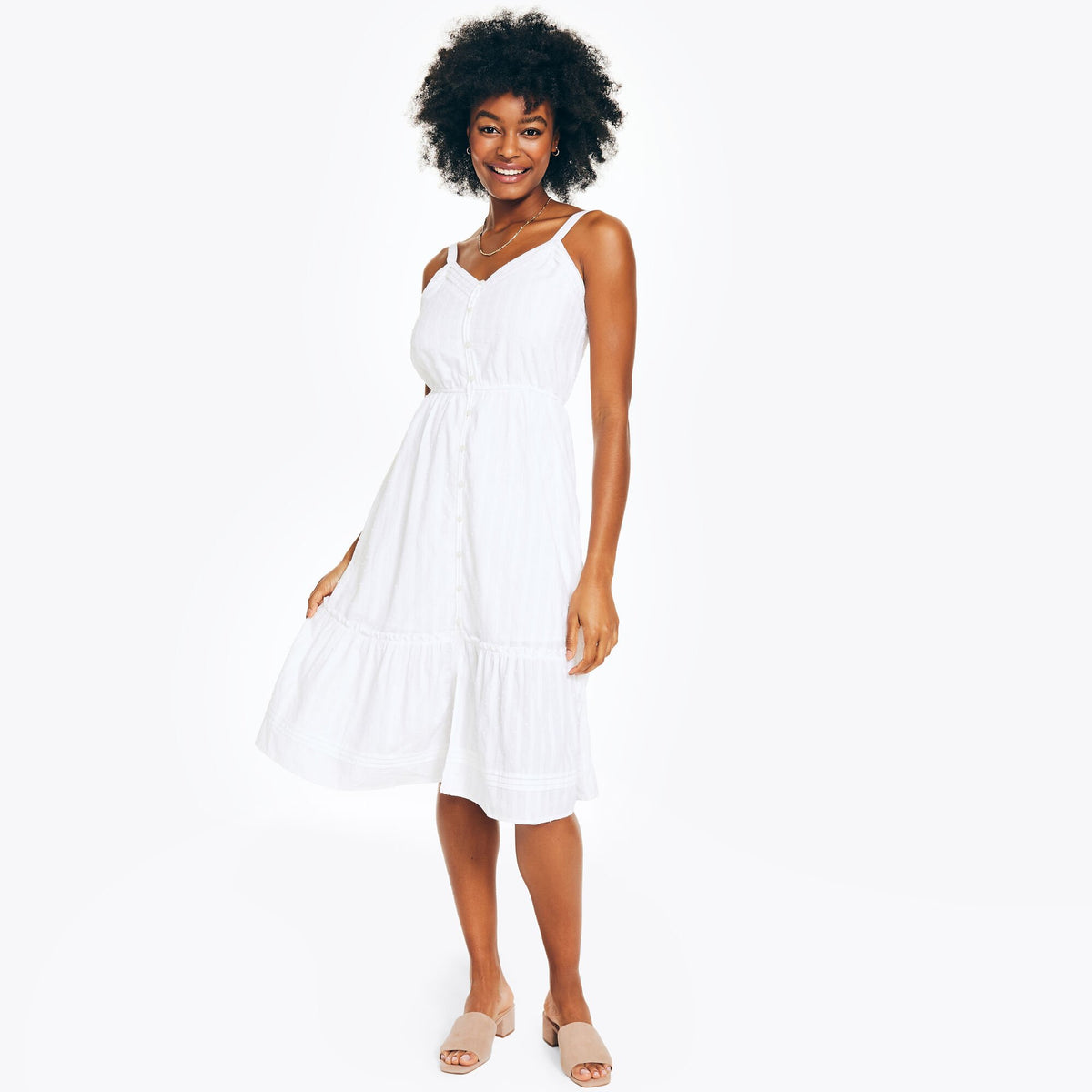 Nautica Women's Ruffle Clip Dot Tiered Dress Bright White