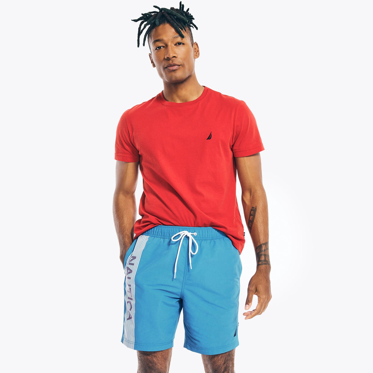 Nautica Men's 8" Logo Stripe Quick-Dry Swim True Navy